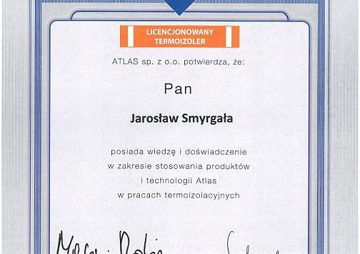 Certyfikat Atlas - Jarosław Smyrgała - AMEDO